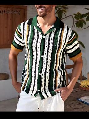 Manfinity Men’s Green Striped Hollow Out Knit Short Sleeve Shirt M